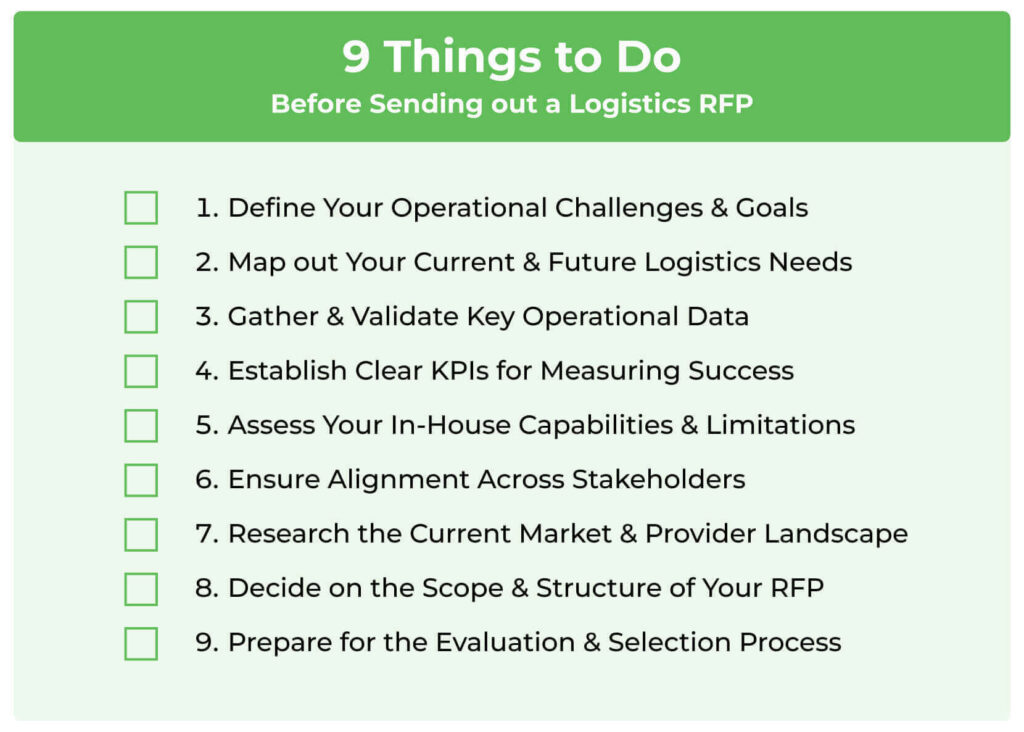 a checklist-style graphic showing the 9 things you should do before sending out a Logistics RFP