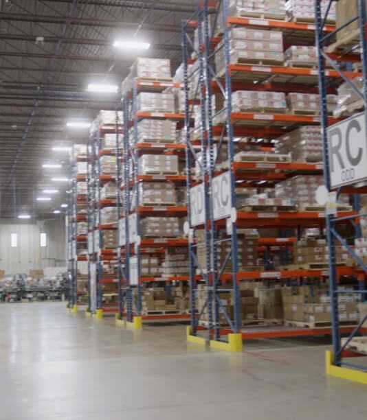 racks of product in a warehouse