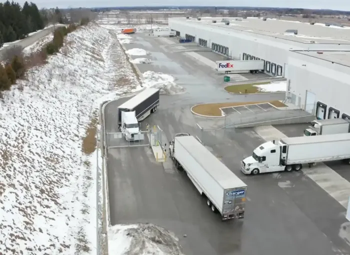 Domain yard aerial view with legacy warehouse