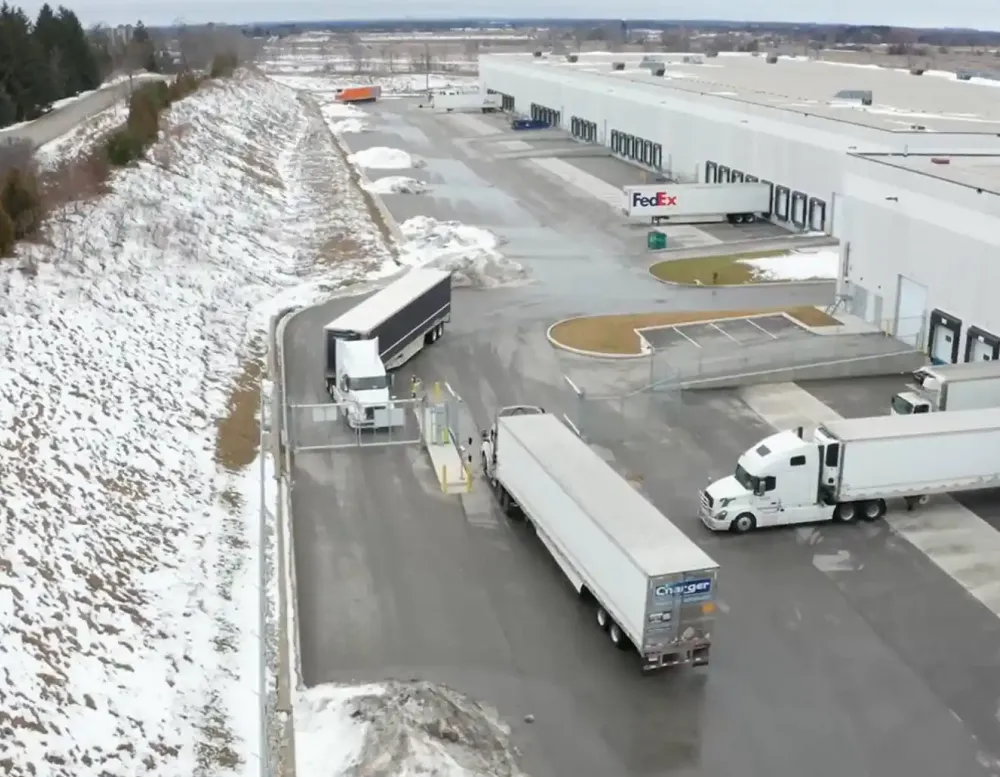 Domain yard aerial view with legacy warehouse